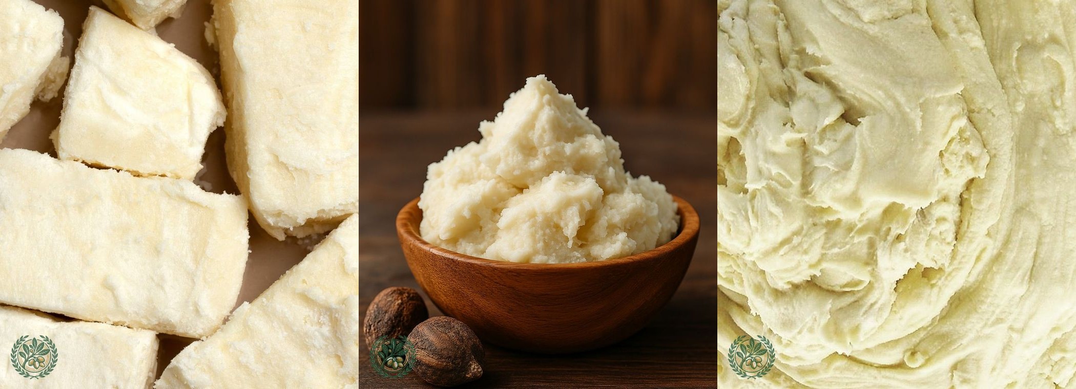 Grade A shea butter — raw chunks, whipped, and jarred